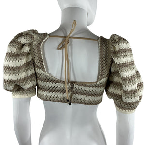 Patbo Crochet Ivory Tan Puff Sleeve Cropped Top Size 4