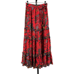 Farm Rio 'Tiered' Red Viscose Wrap Maxi Skirt Size XS