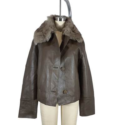 Vince Modern Brown Faux Fur Trimmed Paneled Leather Size L Jacket