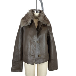 Vince Modern Brown Faux Fur Trimmed Paneled Leather Size L Jacket