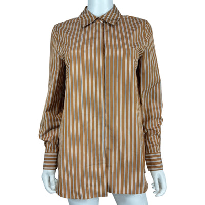 Lafayette 148 Tailored Brown Striped Button-Front Tunic Shirt Size S