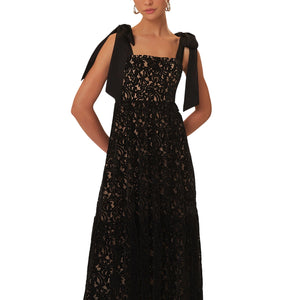 Farm Rio Elegant Black Velvet Lace Maxi Size XXS Dress