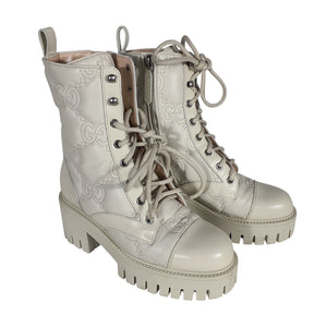 Gucci Luxurious Milk White Logo Quilted Leather Combat Boots Size 5 US / 35 EU