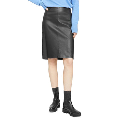 Theory Sleek Black Leather Rib Knit Combo Pencil Skirt Size S