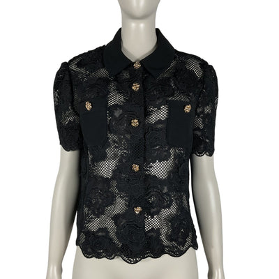 Self-Portrait Elegant Black Floral Lace Button-Front Collared Blouse Size 10