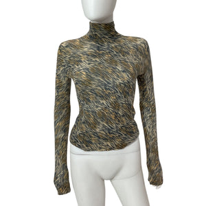 Autumn Cashmere Fitted Brown Combo Tiger Print Mock Neck Sweater Size XS