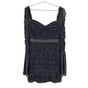 Self-Portrait Chic Black Crystal Ruched Stretch Mesh Mini Dress Size 4