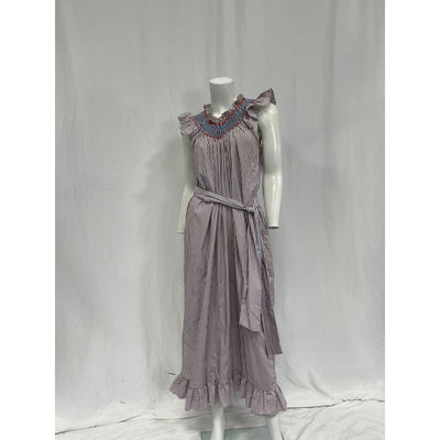 Loretta Caponi 'Delfina' Blue Cotton Belted Ruffled Smocked Striped Cotton-Poplin Midi Dress Size OS