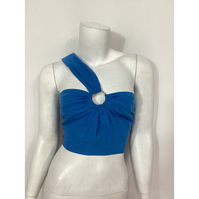 Jason Wu One Shoulder Blue Linen Cotton Crop Top With Ring Accent Size 6