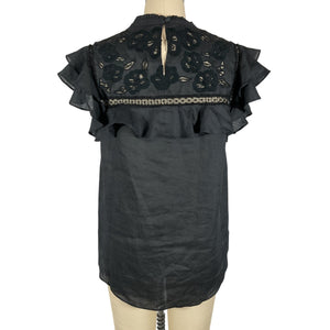 Veronica Beard Elegant Black Floral Embroidered Ruffle Yoke Top Size 2
