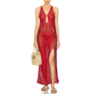 Ganni Chic Red Mesh Lace Keyhole Maxi Dress Size FR 38 / US 6