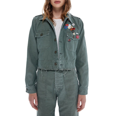 Mother Cropped Green Veteran Cotton Graphic Jacket Size L