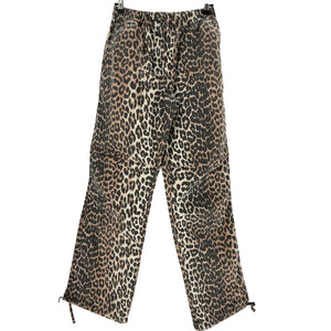 Ganni Leopard Washed Brown Cotton Canvas Drawstring Trousers Size 34