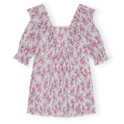 Ganni Floral Lilac Pleated Georgette Ruffle Mini Dress Size 32