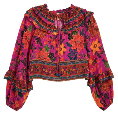 Farm Rio Bohemian Multicolor Ruffle Yoke Blouse Size XS