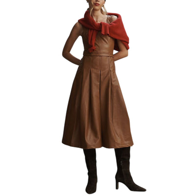 Anthropologie Faux Leather Cognac Pinafore Dress Size 4 NWT