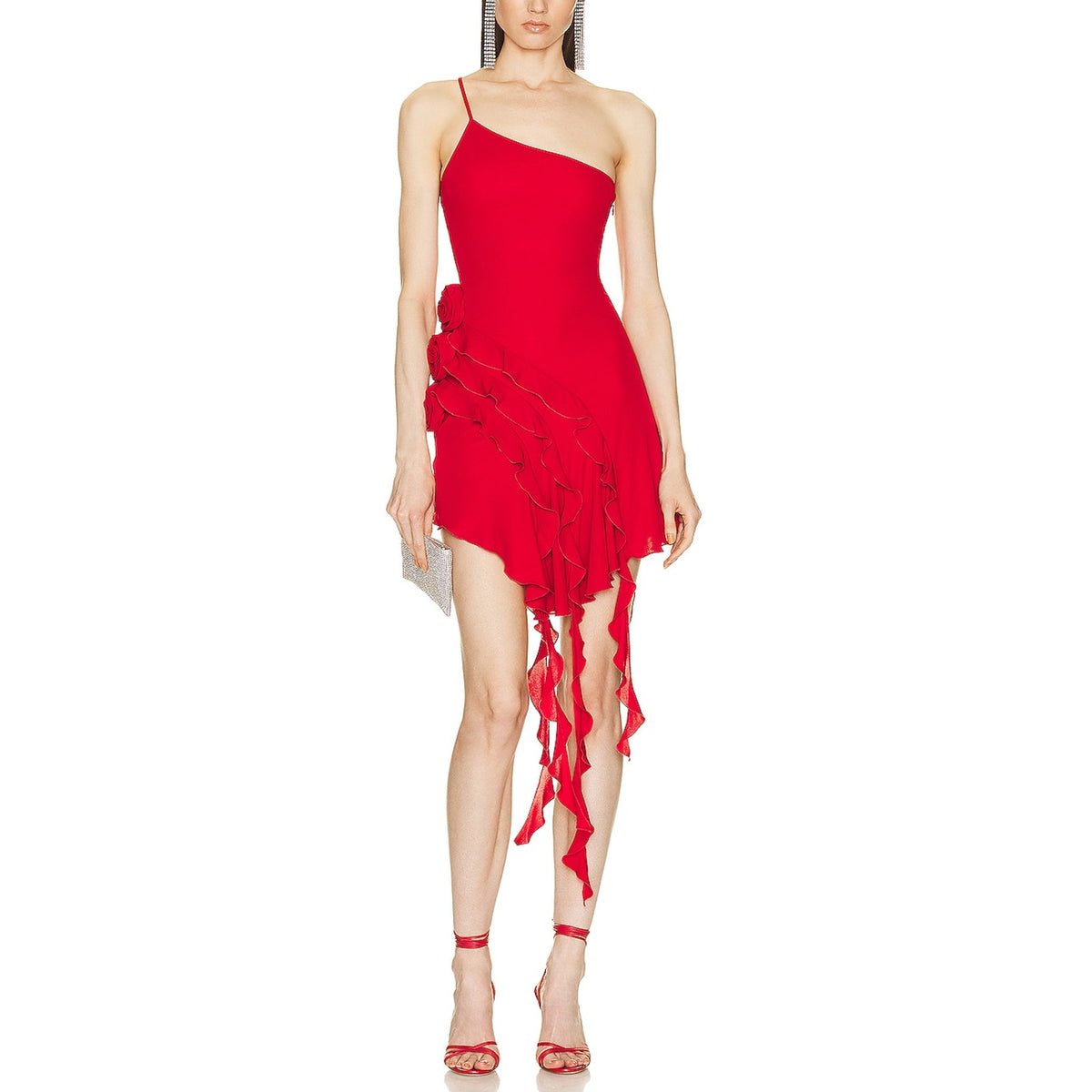 Blumarine Asymmetrical Red Rosette Ruffle Mini Dress Size 38 IT