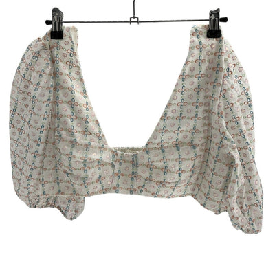 For Love & Lemons Puff Sleeve White Multi Denise Crop Top Size L