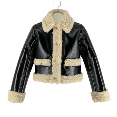 L'Academie Faux Shearling Trimmed Black And Beige Corsica Jacket Size XXS