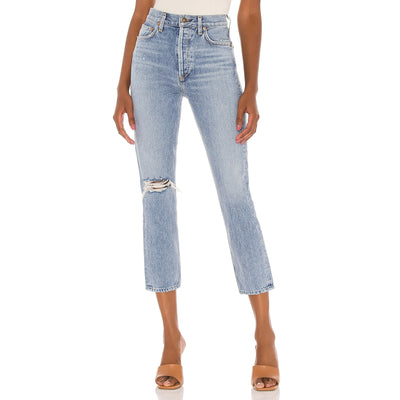 Agolde Distressed Blue Riley High Rise Straight Crop Denim Jeans Size 27