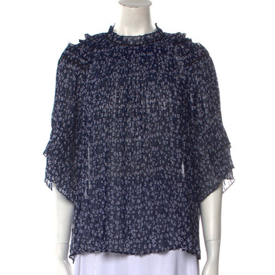Saloni Pleated Blue Mock Neck Blouse Size 8