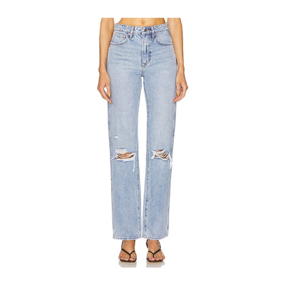 Grlfrnd Distressed Sky Blue Sara Super High Rise Slim Straight Denim Jeans Size 28