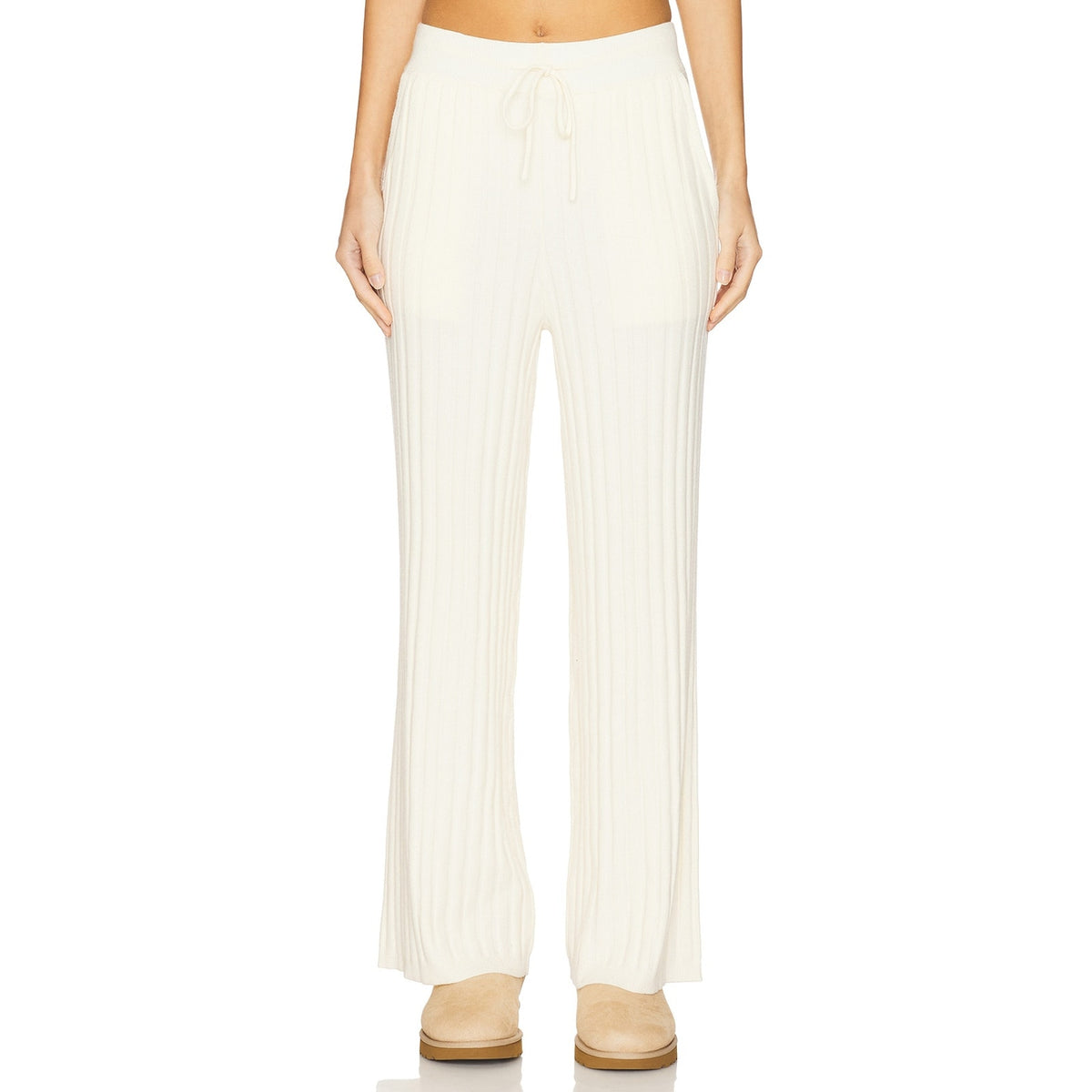 Varley 'Simeon' White Viscose Wide Rib Knit Trouser Size M