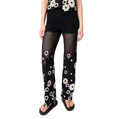 Maje Open Knit Black Floral Crochet Trousers Size 34 FR
