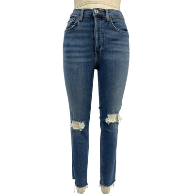 Re/Done Distressed Blue High-Rise Ankle Crop Denim Jeans Size 28