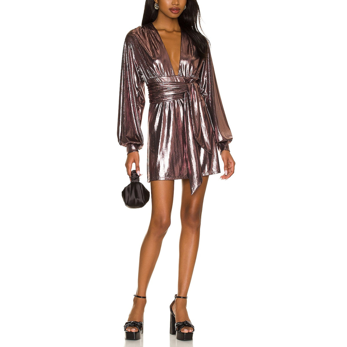 House Of Harlow 1960 'Bourdin' Brown Sheen Metallic Mini Waist Tie Dress Size XL