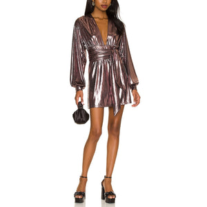 House Of Harlow 1960 'Bourdin' Brown Sheen Metallic Mini Waist Tie Dress Size XL