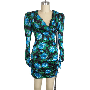 Alessandra Rich Draped Blue Floral Print Mini Dress Size IT 40 / US 10.5