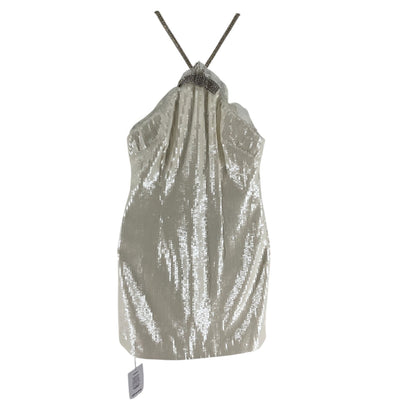 Self Portrait Sequined Beige Halter Mini Dress Size US 2 / UK 6 NWT