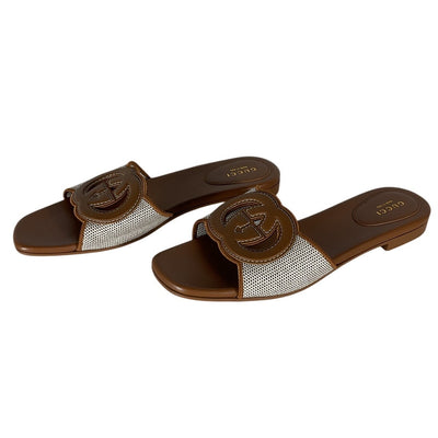 Gucci Leather Trimmed Brown Interlocking G Slides Size 39 IT / US 9