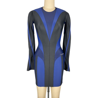 Mugler Panelled Navy Multicolor Body Shaping Mini Dress Size FR 34