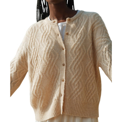 Jenni Kayne Cozy Beige Cable Crewneck Cardigan Size M