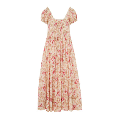 Dôen 'Stanza' Pink Cotton Lace-Trimmed Floral-Print Midi Dress Size S